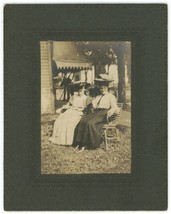 Circa 1900&#39;S Named Cabinet Card 2 Women Victorian Clothes Sitting Outside Bench - £9.53 GBP