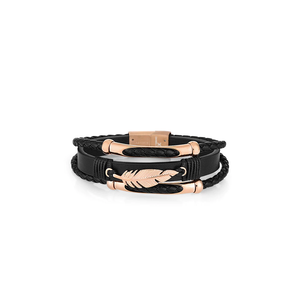 Daniel Klein Foliage Men&#39;s Bracelet Rose Gold Multi Layer Leather Men Ba... - $150.36 CAD