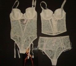 Victoria&#39;s Secret Bra Set+Garter Teddy+Gown Robe Embroider Coconut White Bridal - £182.68 GBP