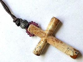 Polished Brown Jasper Stone Cross Single Strand Necklace 33&quot; - £4.78 GBP