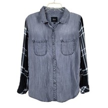 Rails Sz M Gray Chambray Black White Plaid Flannel Mixed Fabric Button Shirt - £39.53 GBP