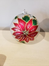 Large Round Christmas Plastic Ornament Hand Painted Poinsettia on Both Sides - £7.78 GBP