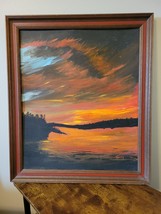 Vintage Hand Made Dawn Dusk Sky Painting in Brown Frame 23&quot;x27&quot; Vertical - £42.71 GBP
