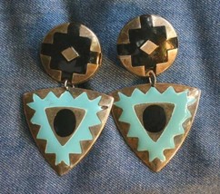 Native Style Aqua &amp; Black Enamel Silver-tone Pierced Earrings 1980s vint  2 1/2&quot; - £10.32 GBP