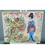 Hand Painted Chinese Woman Flowers Painted On Canvas Wood Board 20&quot;L x 24&quot;W - £20.15 GBP