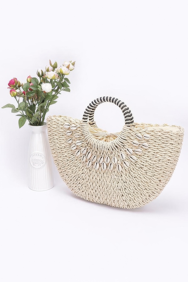 Faux Straw Handmade Shell Embellished Bag (Ivory) - $29.99