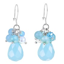 Elegant Cluster Aqua Sky Blue Teardrops of Crystals and Pearl Dangle Earrings - £14.32 GBP