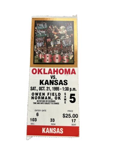 1995 Oklahoma Sooners Kansas Jayhawks Football Ticket Stub OU 10/21/1995 - £7.52 GBP