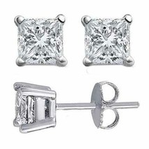2.00CT Brilliant Princess Cut Solid 18K White Gold PushBack Stud Earrings - £138.48 GBP