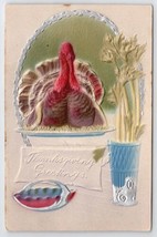 Thanksgiving Airbrushed Turkey On Plate Celery Vase Silver Gilt Postcard V22 - £10.32 GBP