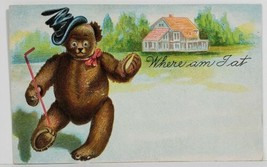 Teddy Bear In Top Hat Walking Stick, &quot;Where I&#39;m At&quot; Embossed udb Postcard N9 - £11.92 GBP