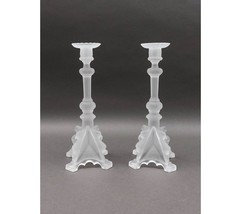 Val St Lambert Signed Pair Of Frosted Crystal Candlestick Candle Holders - £199.21 GBP