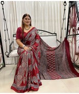 Sari Designer Bollywood Indian Ajrakh Block Print  Saree With Blouse Fabric - $84.14