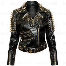 New Woman&#39;s Golden Spiked Studded Brando Style Cowhide Biker Leather Jacket-1069 - £246.66 GBP