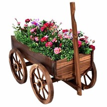 Outdoor Wagon Planter Rustic Pot Stand With Wheels Wooden - £119.31 GBP