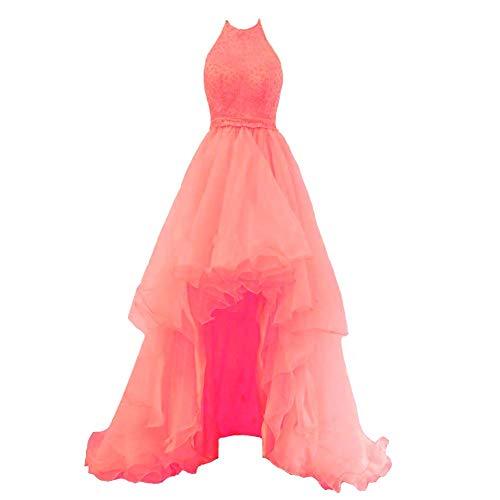 Sheer Beaded Halter High Low Organza Formal Homecoming Prom Dress Coral Pink 8