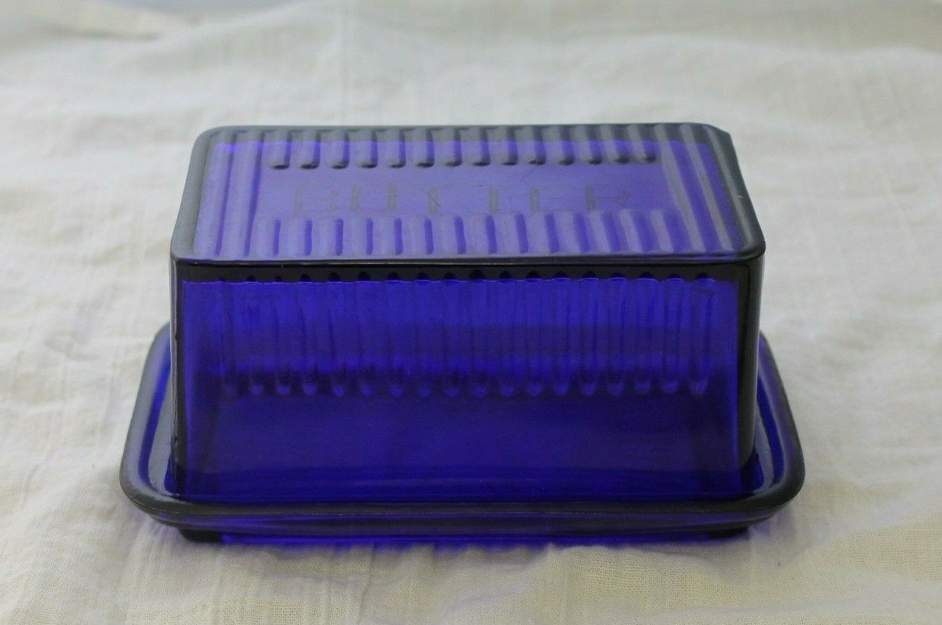 Large cobalt blue glass butter dish embossed retro depression style
