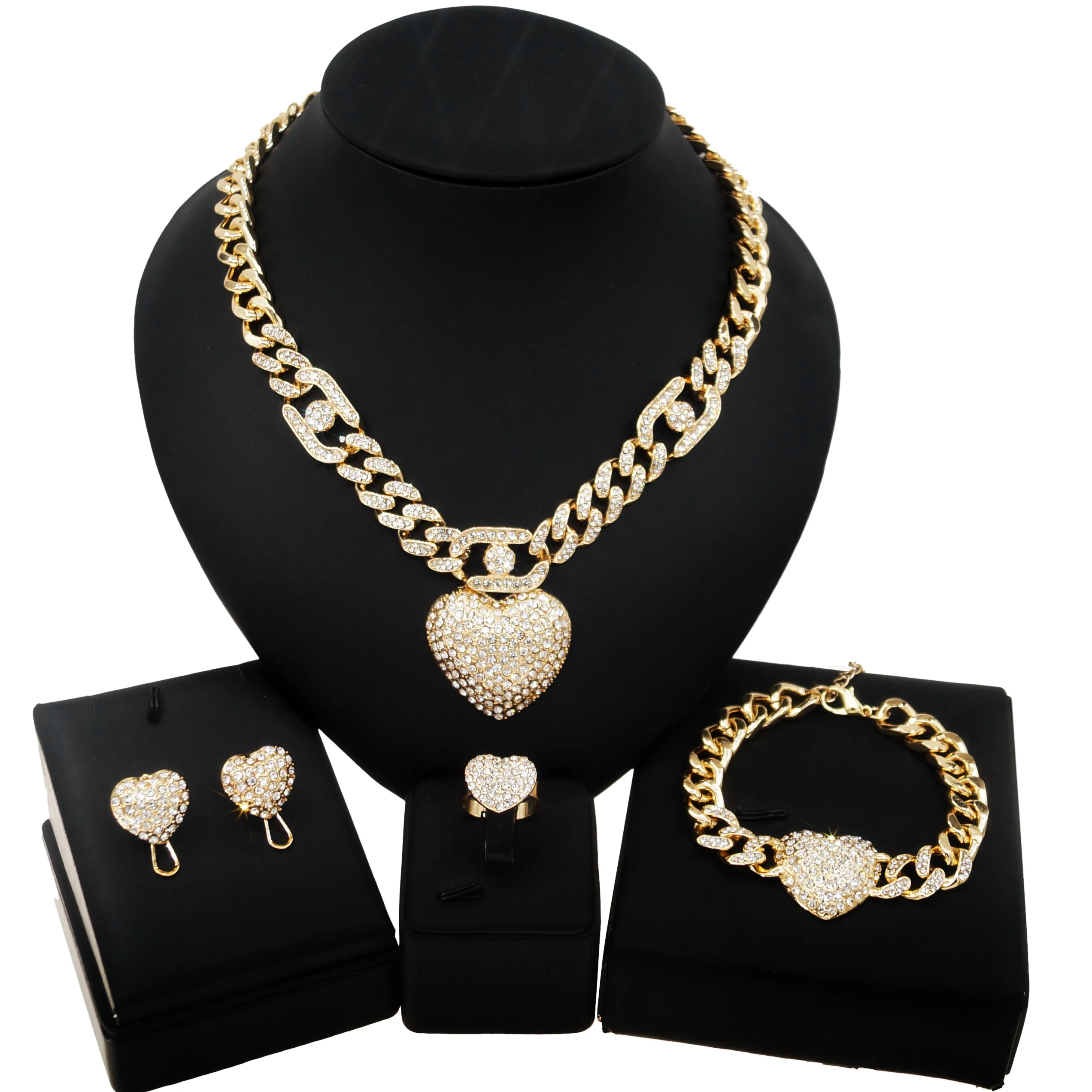 Women Luxury Pendant Jewelry Set Rhinestone Heart Pendant Necklace Love Earrings - £59.78 GBP