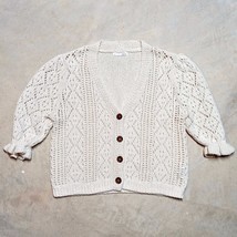 Anthropologie Beige Open Knit Button Ruffled 3/4 Sleeve Cardigan - Womens XL - £19.94 GBP