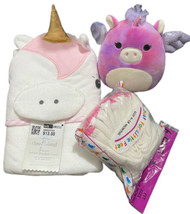 Cloud Island White And Pink Unicorn Infant Hooded Towel Socks And Squishmallow - £18.98 GBP