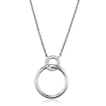 Elegant Double Circle Link Simulated Diamond Pendant Rhodium Plated Necklace 16&quot; - £56.40 GBP