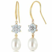 14K Solid Yellow Gold Fish Hook Earrings w/ Diamonds, Aquamarines &amp; Pearl - $457.57