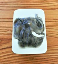 Vtg Elephant In Relief Trinket Box Ceramic Dresser Jar White Brown Painted - $24.99