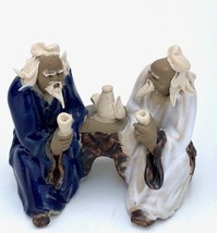 Ceramic Figurine Two Men Sitting On A Bench Drinking Tea 2&quot; Color: Blue ... - £6.34 GBP