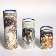 MUCHA Set of Three Arts Heads Feather Ceramic Cylinder Candle Holder Tealight - £42.74 GBP