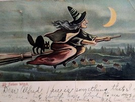 Halloween Postcard Salem Witch Black Cat Village Below Flight Crescent Moon 1907 - £57.34 GBP