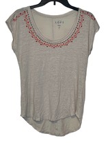 Loft Linen Embroidered Yoke Tee Cap Sleeve Top Hi-Low Hem Women Small Gray - £15.68 GBP