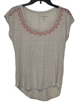 Loft Linen Embroidered Yoke Tee Cap Sleeve Top Hi-Low Hem Women Small Gray - £15.58 GBP