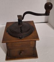 Manual Wooden Cast Iron Coffee Grinder With Drawer Vintage Dove Tailed - £50.16 GBP
