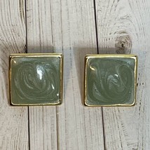 Green Cream Swirl Pattern Gold Tone Diamond Square Shaped Pierced Earrings 1&quot; - £7.40 GBP