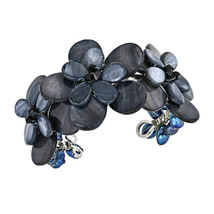 Gorgeous Mix of Black Seashell, Pearl, and Crystal Floral Cuff Bracelet - £23.56 GBP