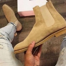 New Men’s Beige High Ankle Chelsea Business Boots, Real Suede Dress Boots - $179.99