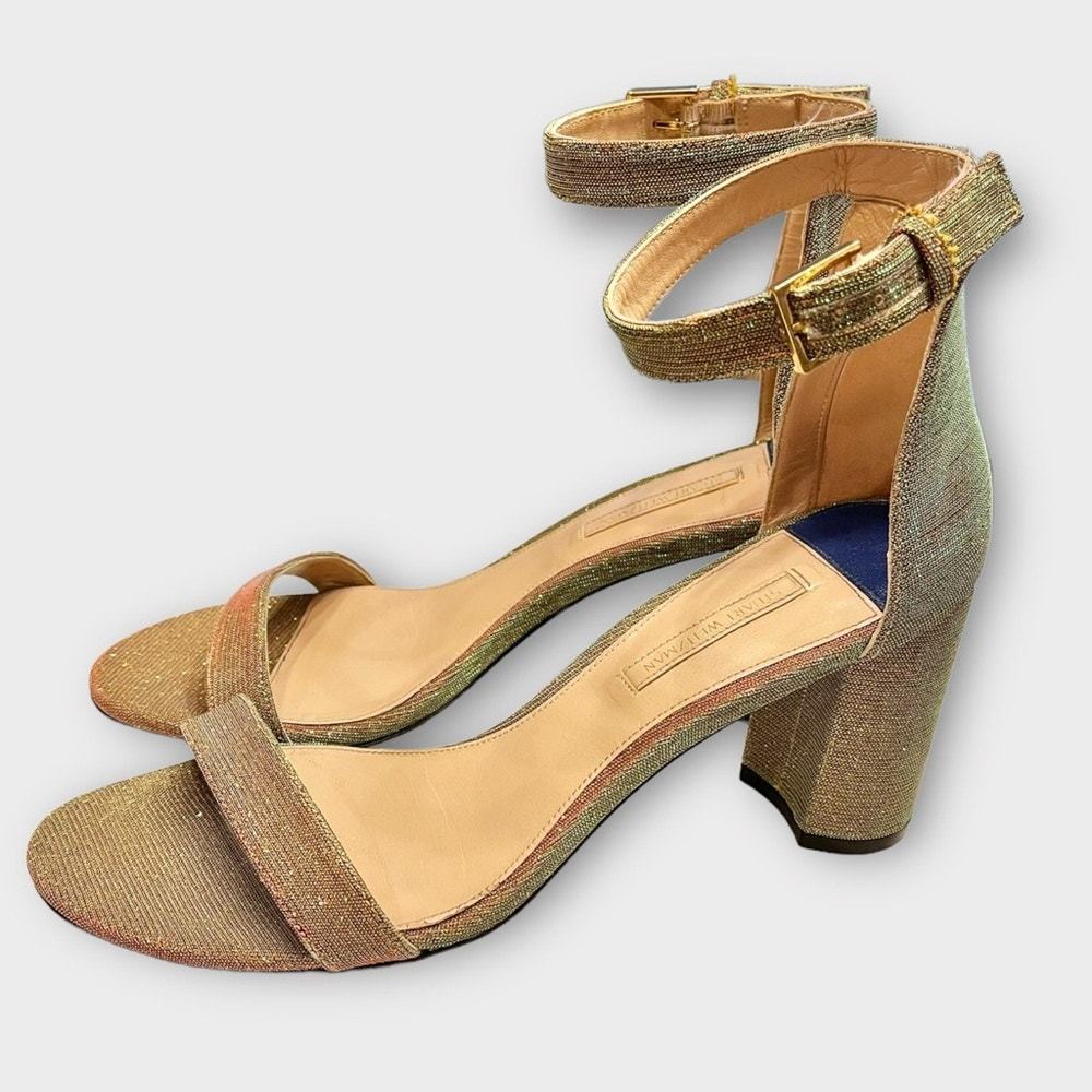 Primary image for STUART WEITZMAN Nudist ankle strap heels iridescent metallic gold glitter size 9