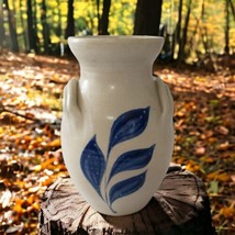 Williamsburg Pottery Vase Blue Fern Salt Glaze Two Handled Flowers Handmade Vtg - £19.54 GBP