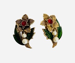 Vintage Avon Flower Gold Earrings Red Cubic Zirconia faux Pearls Enamel Clip On - £14.73 GBP