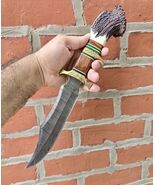 Damascus Steel Best Bowie Knife Survival Hunting Stag Antler &amp; Wood Handle - $60.18