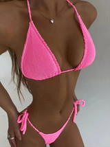 Rib Knit Textured Fabrics Triangle Halter Neck Drawstring Two Piece Bikini S - £12.66 GBP