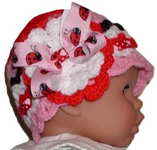 Pink Ladybug Hat Baby Red Ladybugs Ribbon Bow Flower Hearts White Black - £14.43 GBP