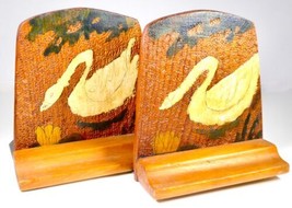 Vintage Handmade Shop Class Bookends Oak Tin Etched Swans 1950s - $27.83