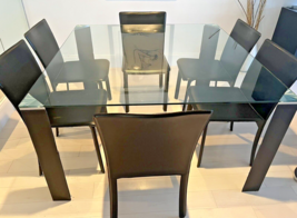 Square Glass Top Dining Room Table With 6 Black Chairs 55&quot; X 55&quot; - £373.69 GBP