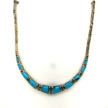 Vintage Signed Sterling Art Deco Inlay Turquoise Marcasite Collar Necklace sz 15 - £98.92 GBP