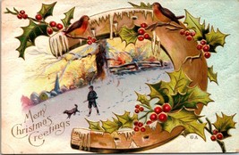 Merry Christmas Greetings Embossed Holly Hunting Birds 1912 Antique Postcard - £6.00 GBP