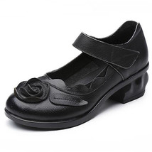 Retro Style Handmade Genuine Leather Shoes Woman Thick With Heels Flowers Pumps  - £39.36 GBP