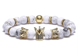 Luxury Marble Beaded Bracelet with Gold Crown Charms, White and Gold - $202.88 MXN
