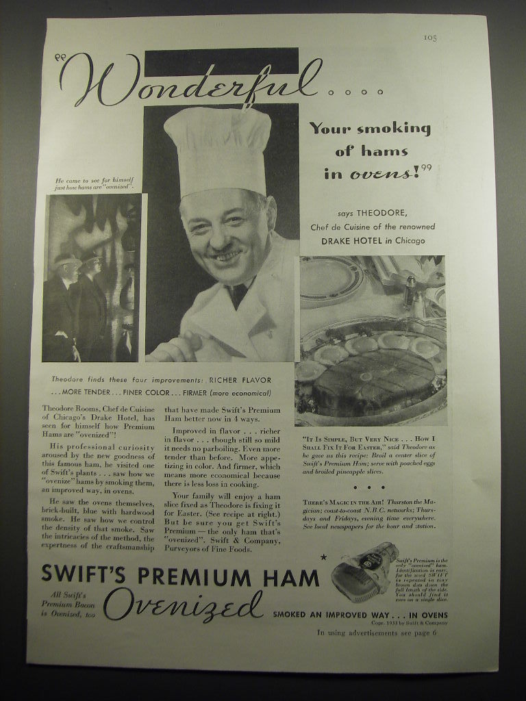 1933 Swift's Premium Ham Ad - Wonderful.. your smoking of hams in ovens! - $18.49