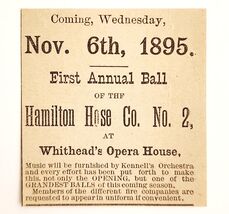 1895 Hamilton Hose No 2 Fire Dept Ball Victorian Advertisement Opera Hou... - $42.03 CAD